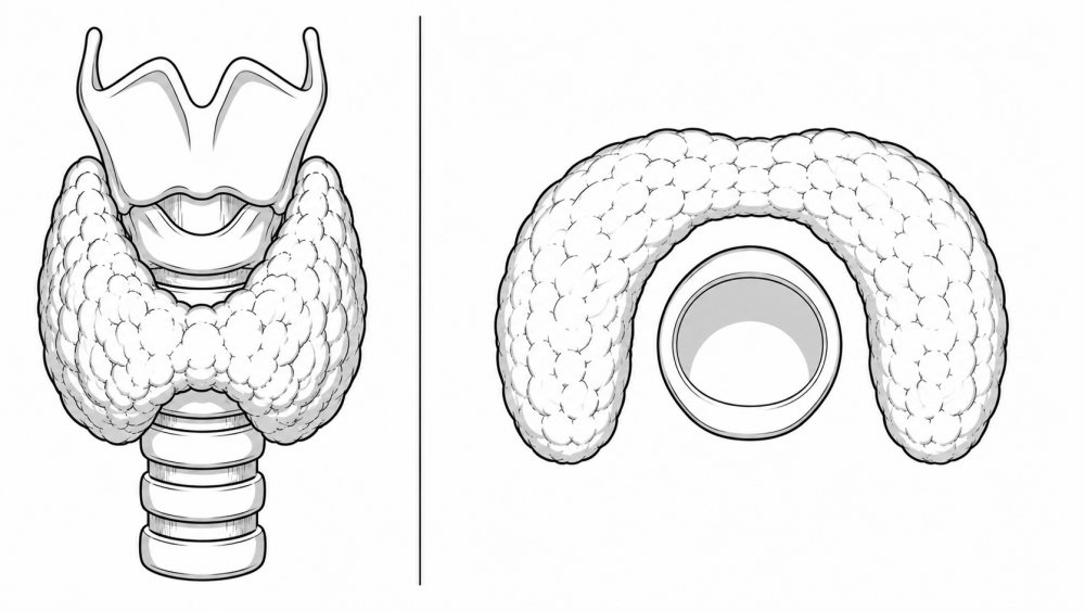 Cartograma da tireoide: vista anterior e corte transverso