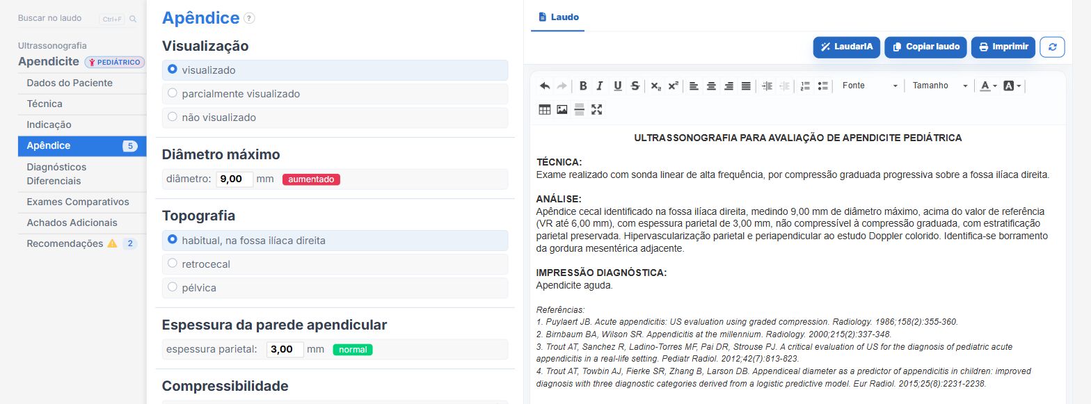 Pantalla de Laudário: apéndice con signos de apendicitis