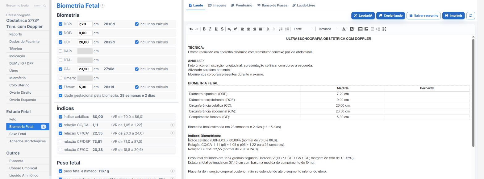 Pantalla de Laudário: biometría fetal con peso estimado
