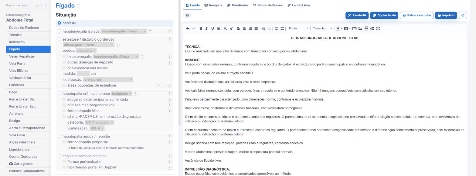 Pantalla de Laudário: informe de abdomen total, pestaña del hígado