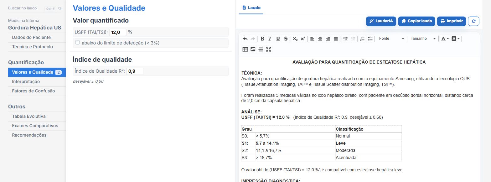 Tela do Laudário: quantificação de gordura hepática