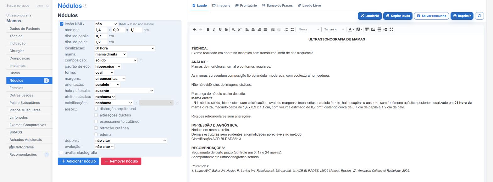Pantalla de Laudário: ecografía mamaria con nódulo clasificado por BI-RADS