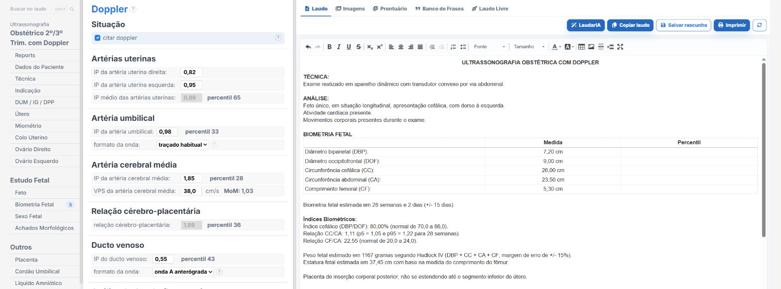 Pantalla de Laudário: obstétrica con Doppler y percentiles