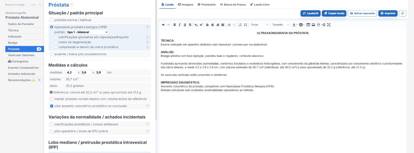 Pantalla de Laudário: informe de próstata con el volumen calculado