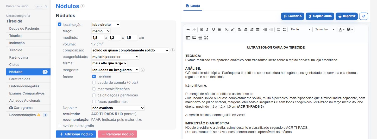 Pantalla de Laudário: nódulo tiroideo puntuado por ACR TI-RADS