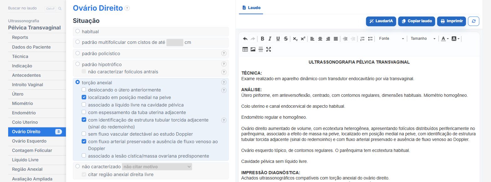 Pantalla de Laudário: signos de torsión anexial