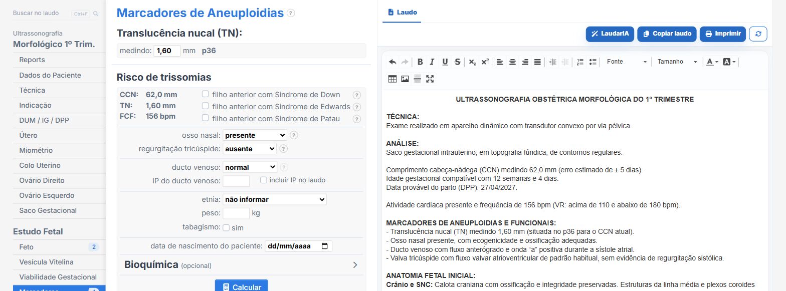 Pantalla de Laudário: marcadores del 1er trimestre con translucencia nucal